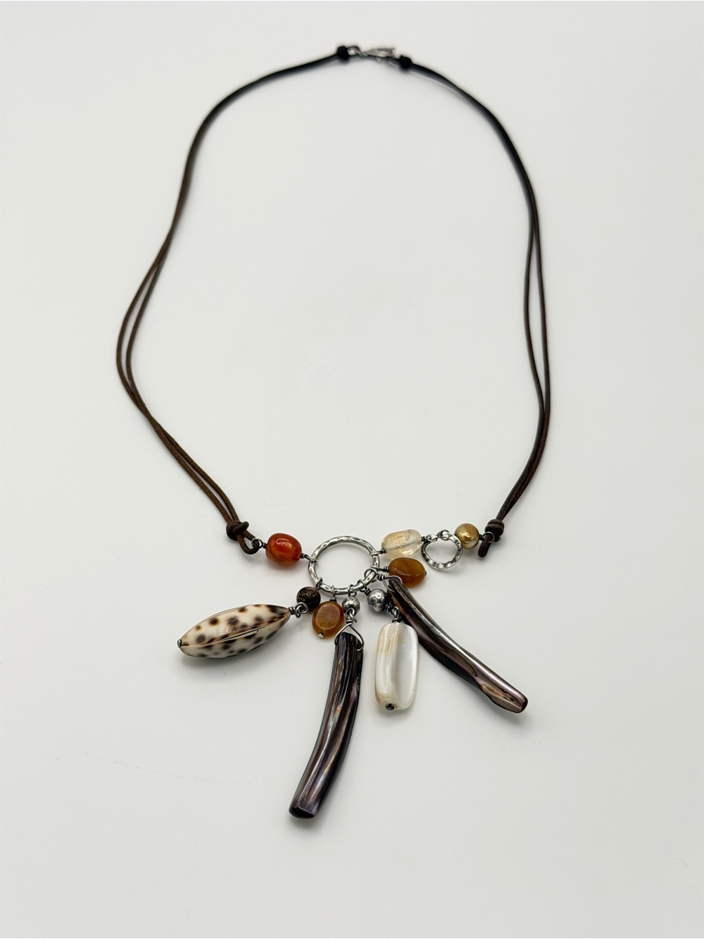 Silpada Vintage Sterling & Leather Citrine, Carnelian & Shell Necklace - Picture 5 of 16